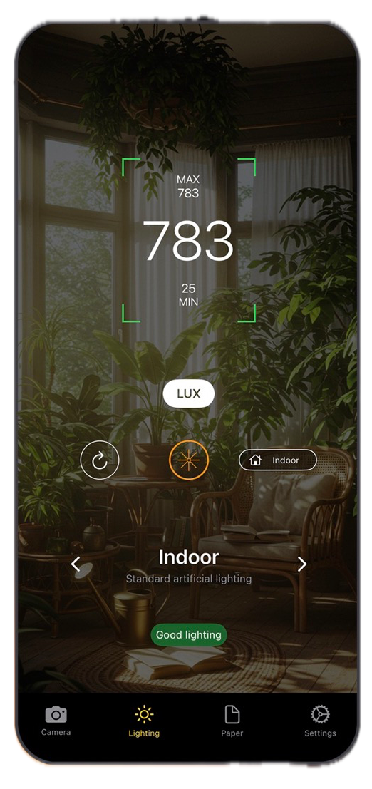 Luxmeter App Interface showing light measurement of 783 lux